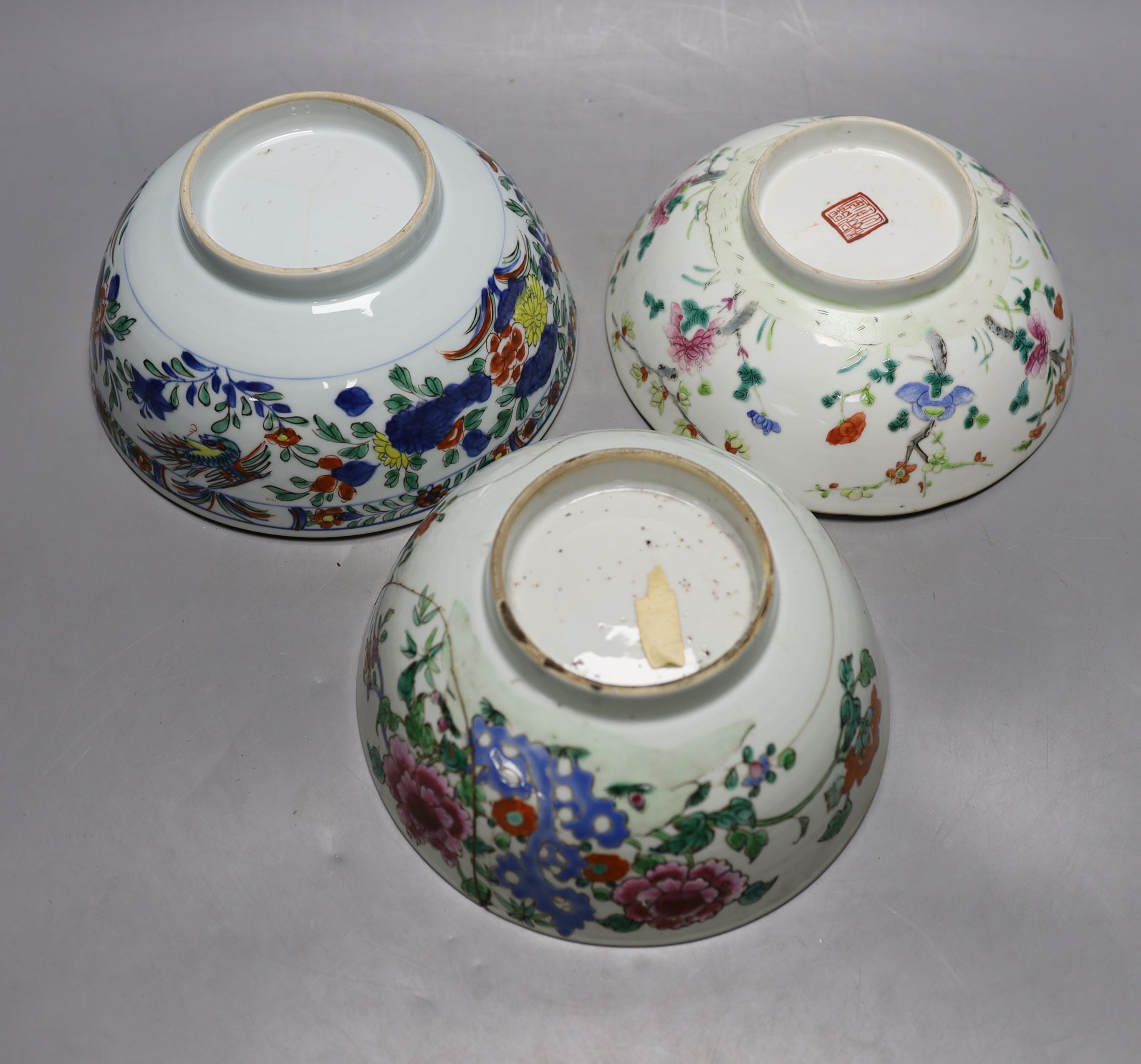 18th century Chinese Export porcelain - wucai bowl (19cm.) two famille rose bowls etc. (6)